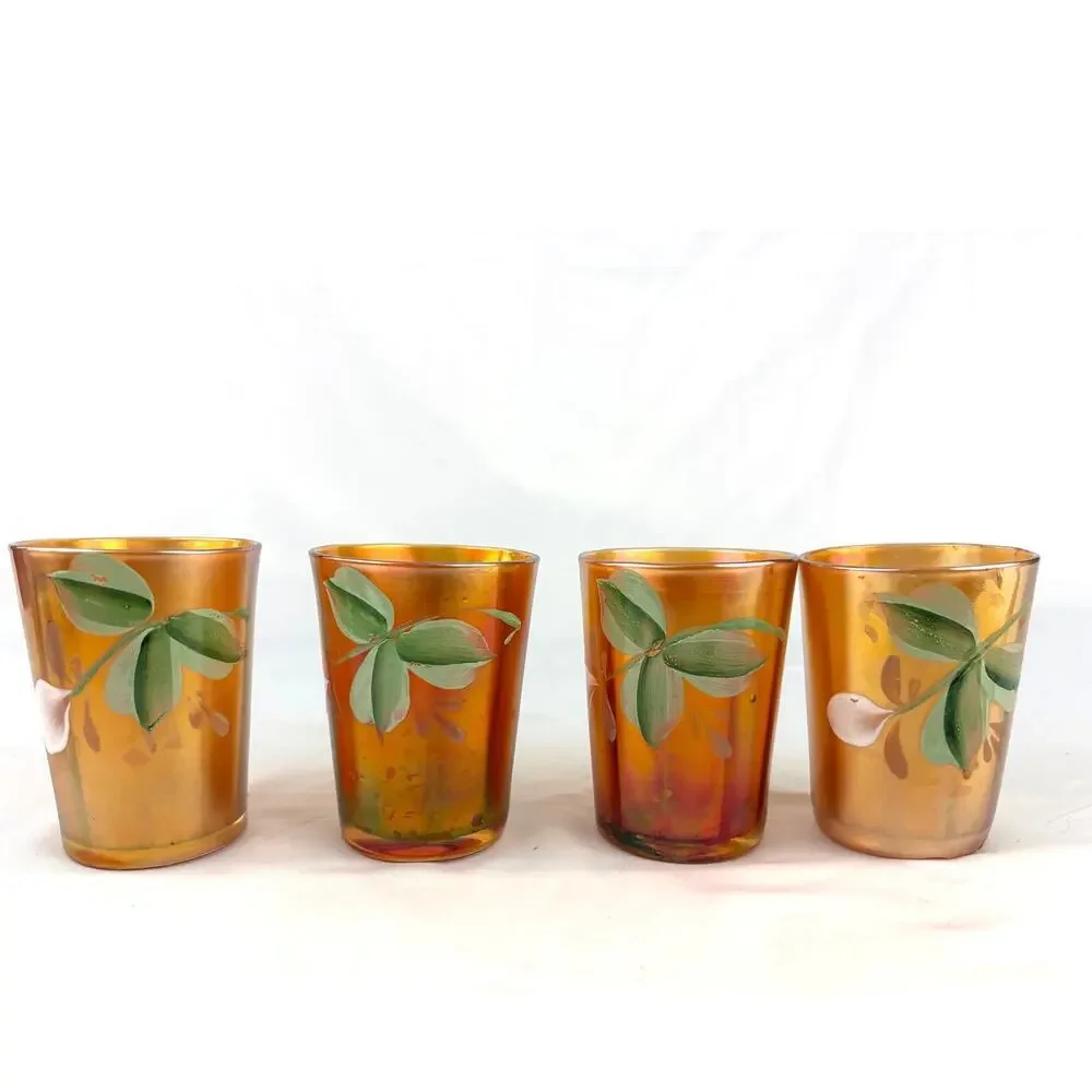 Lot of 4 Antique Fenton Enameled Windflower Marigold Carnival Glass Tumblers
